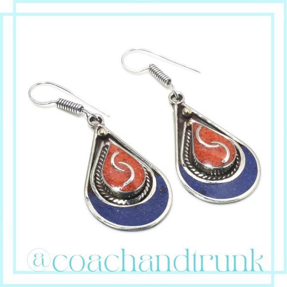 Artisan Crafted Collection Jewelry - Lapis Lazuli Coral Silver Tear Drop Hook Handcrafted Earrings